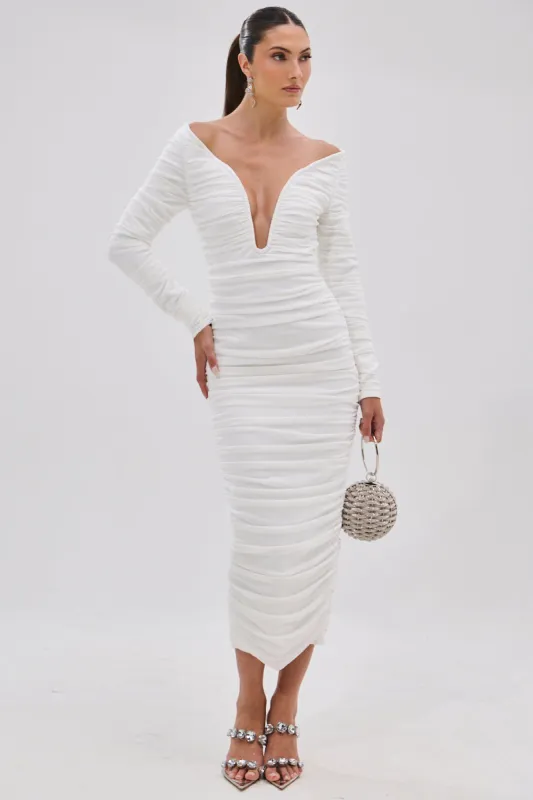TARAJI BANDAGE MIDI DRESS WITH MESH OVERLAY sold by AKIRA