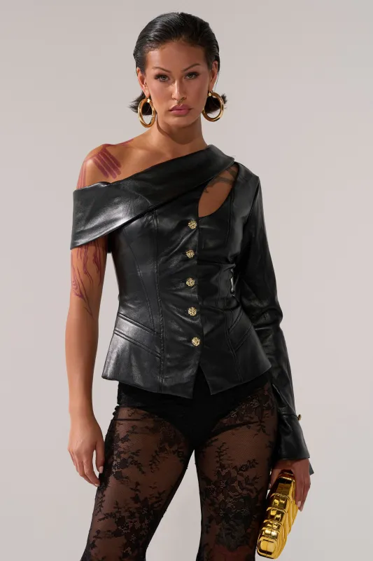 YOU GOT ME FEELING FAUX LEATHER BUTTON DOWN sold by AKIRA