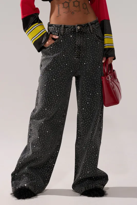 RHINESTONE QUEEN EMBELLISHED DENIM sold by AKIRA