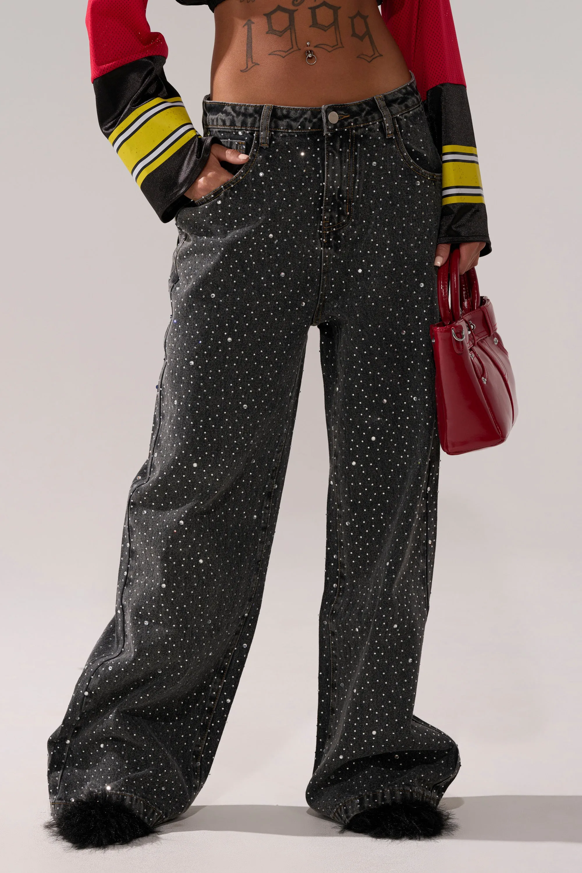 RHINESTONE QUEEN EMBELLISHED DENIM sold by AKIRA