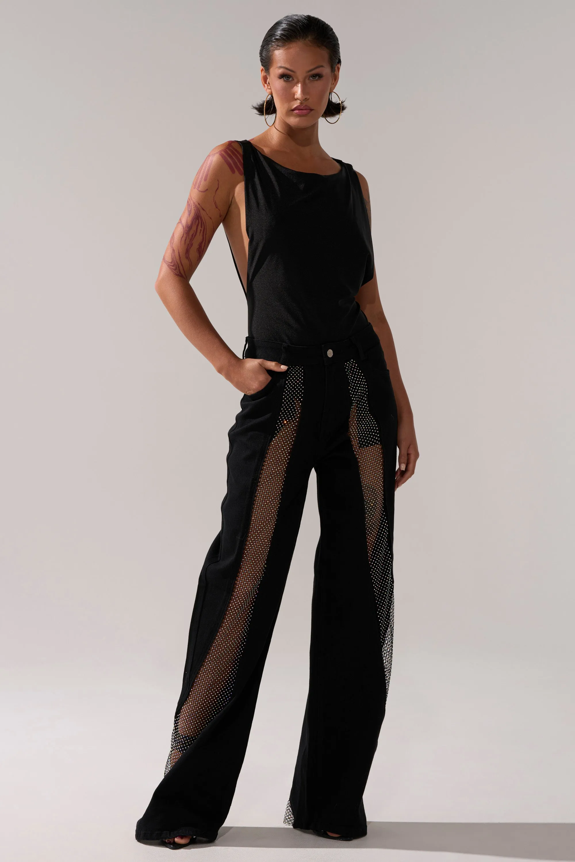 SOMETHING DIFFERENT RELAXED DENIM WITH RHINESTONE MESH sold by AKIRA