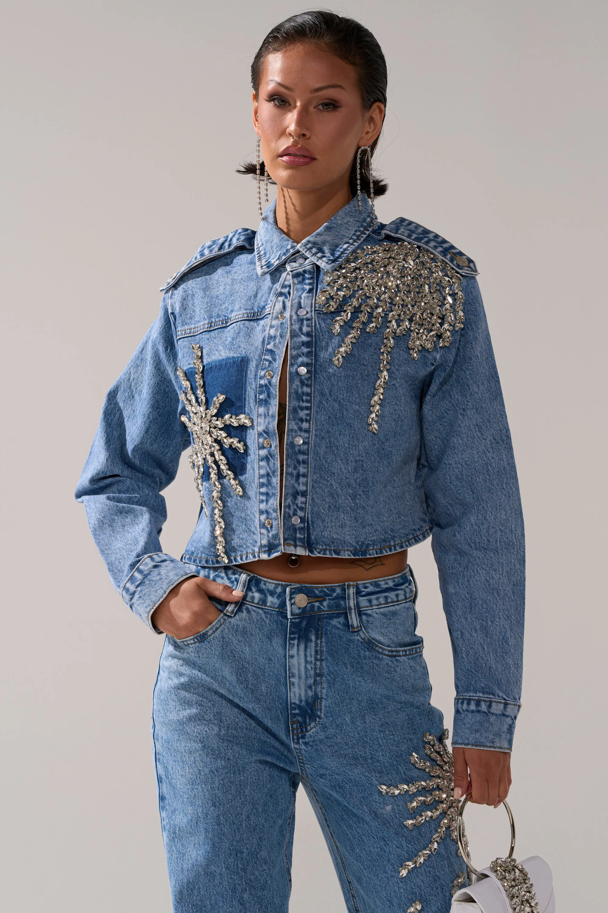 SPARKLE AND SHINE QUEEN DENIM BUTTON DOWN sold by AKIRA