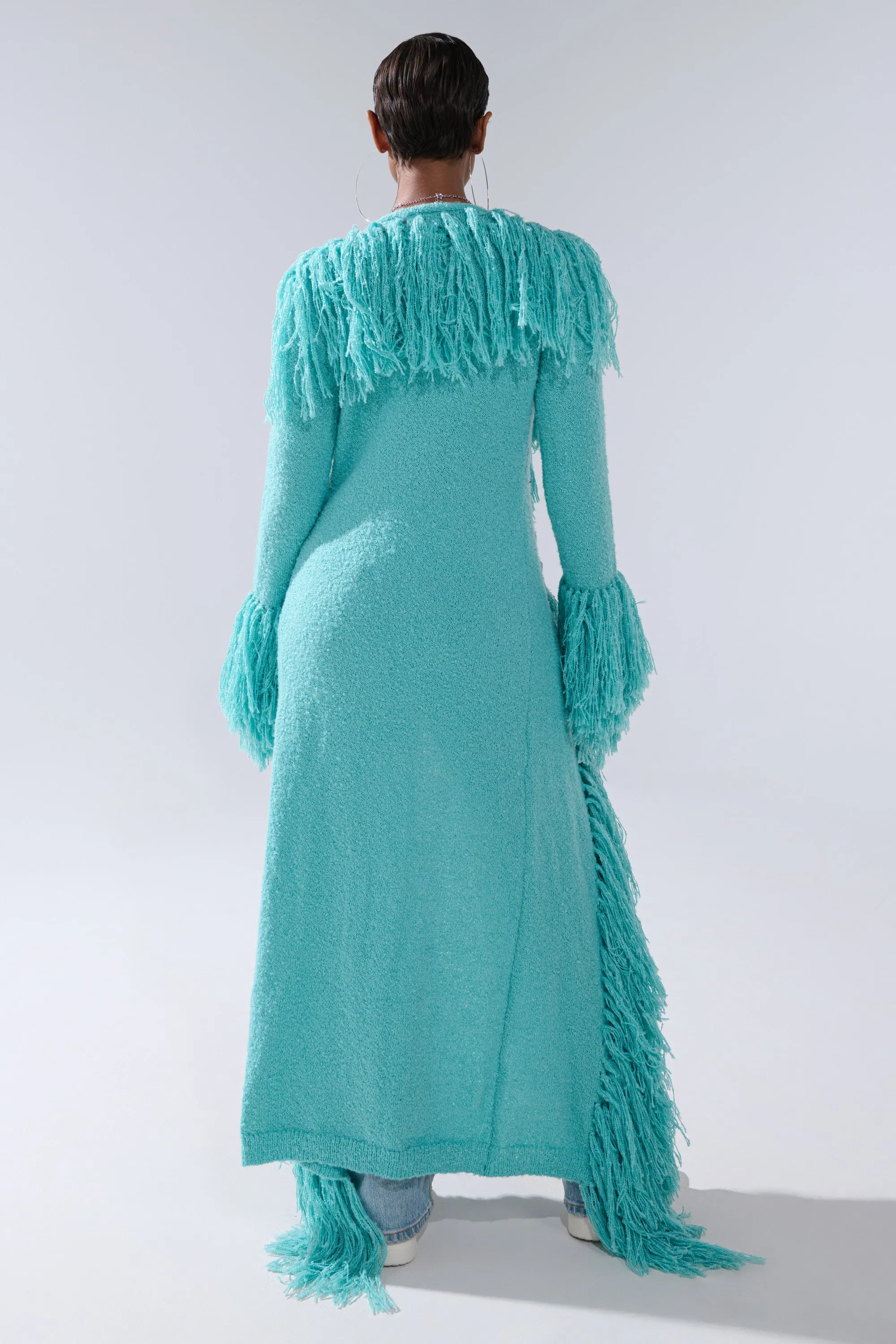 BURRR IT'S COLD OUTSIDE FRINGE OVERSIZED SWEATER IN TURQUOISE sold by AKIRA product image thumbnail 5