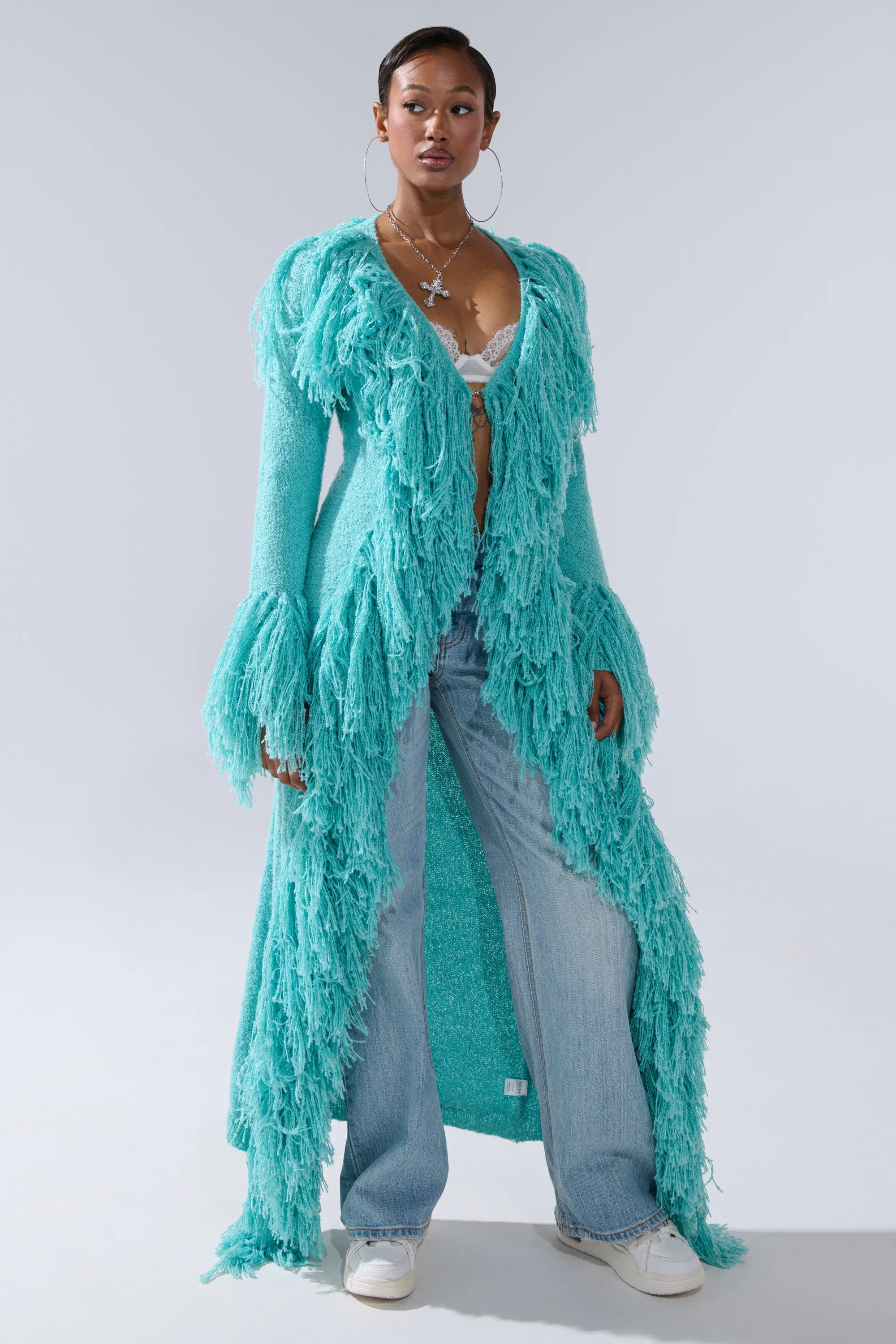 BURRR IT'S COLD OUTSIDE FRINGE OVERSIZED SWEATER IN TURQUOISE sold by AKIRA product image thumbnail 3