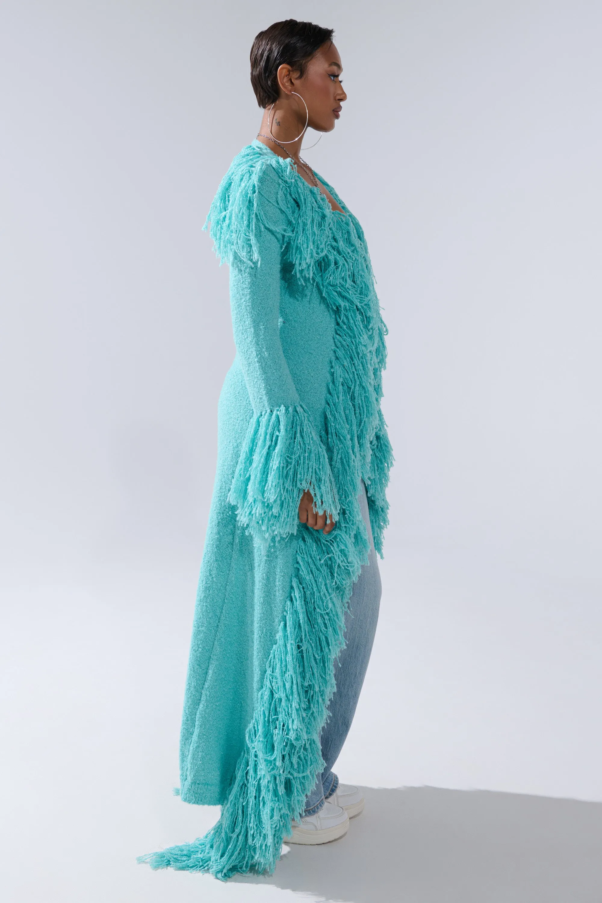 BURRR IT'S COLD OUTSIDE FRINGE OVERSIZED SWEATER IN TURQUOISE sold by AKIRA product image thumbnail 4
