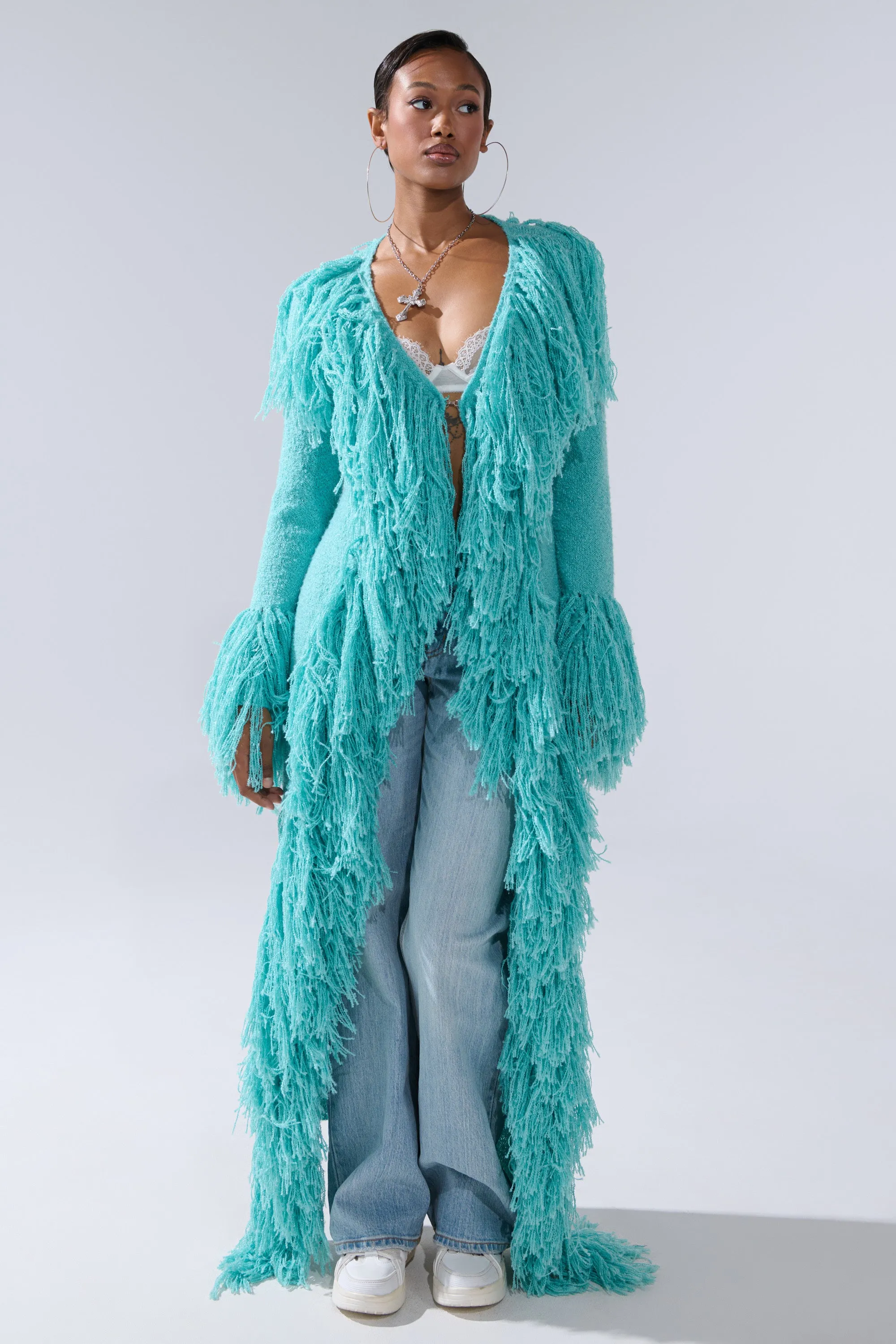 BURRR IT'S COLD OUTSIDE FRINGE OVERSIZED SWEATER IN TURQUOISE sold by AKIRA product image thumbnail 2