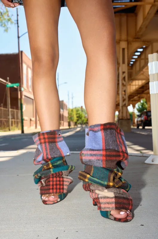 AZALEA WANG BIRD SONG PLAID MULTI OPEN TOE SNAP BOOTIE sold by AKIRA