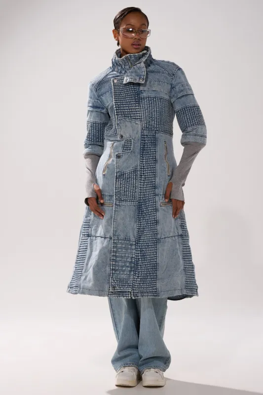 VORTEX DENIM TRENCH COAT IN BLUE sold by AKIRA