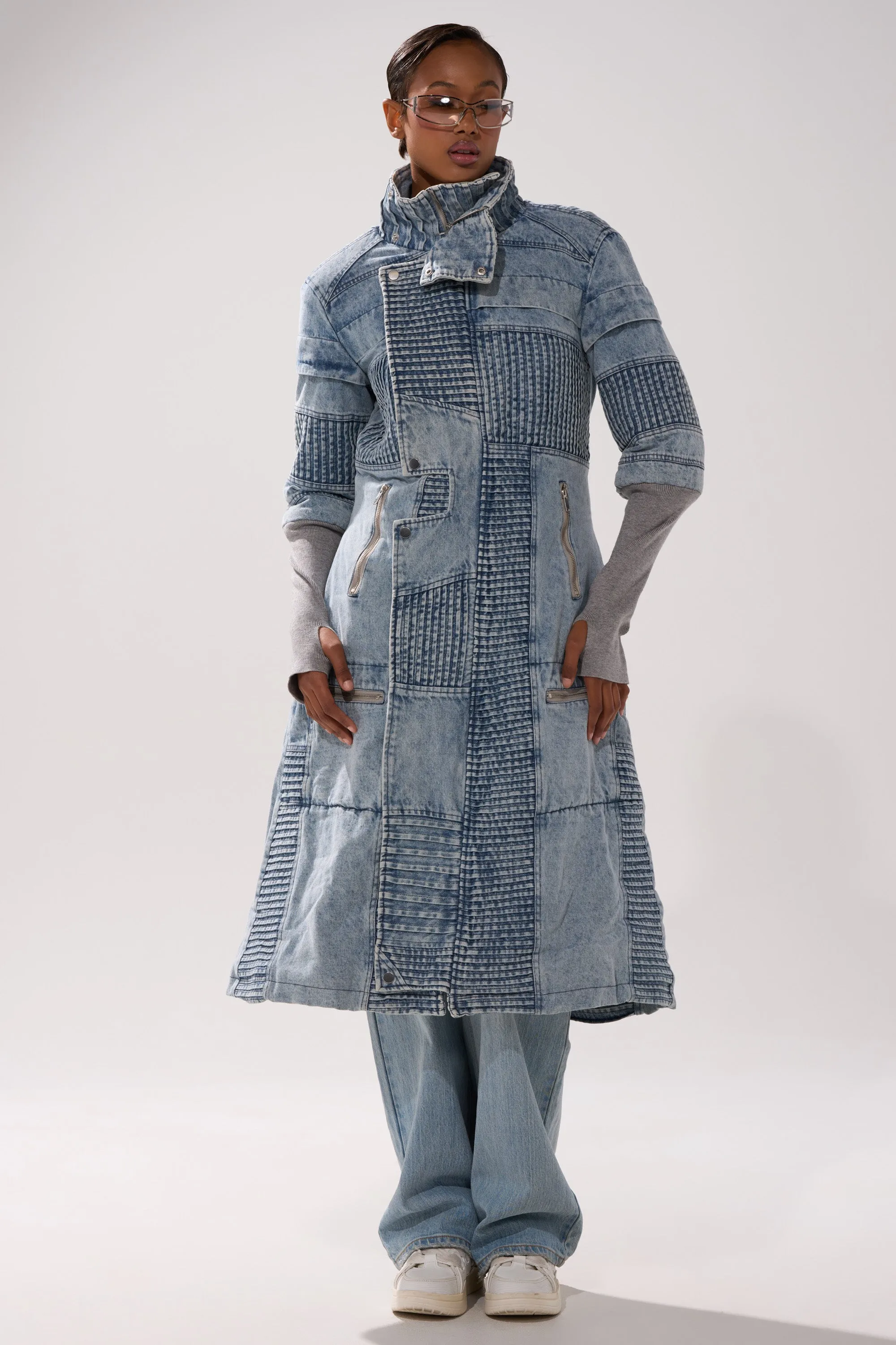 VORTEX DENIM TRENCH COAT IN BLUE sold by AKIRA