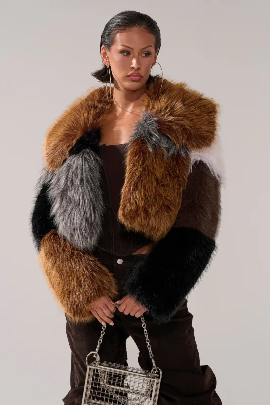 HAZEL PATCHWORK FAUX FUR COAT sold by AKIRA
