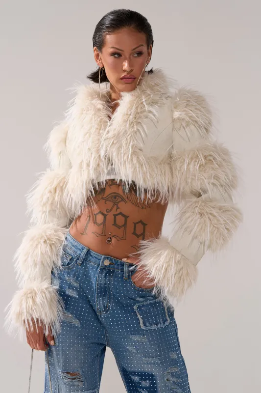 LOVERGIRL ULTRA CROP FUR TRIM MOTO IN IVORY sold by AKIRA