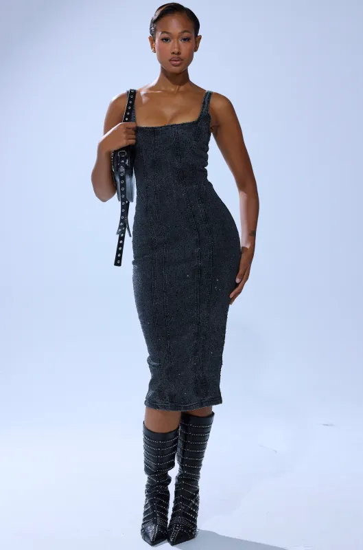 GRUNGY ATTITUDE DENIM MIDI DRESS WITH RHINESTONES sold by AKIRA