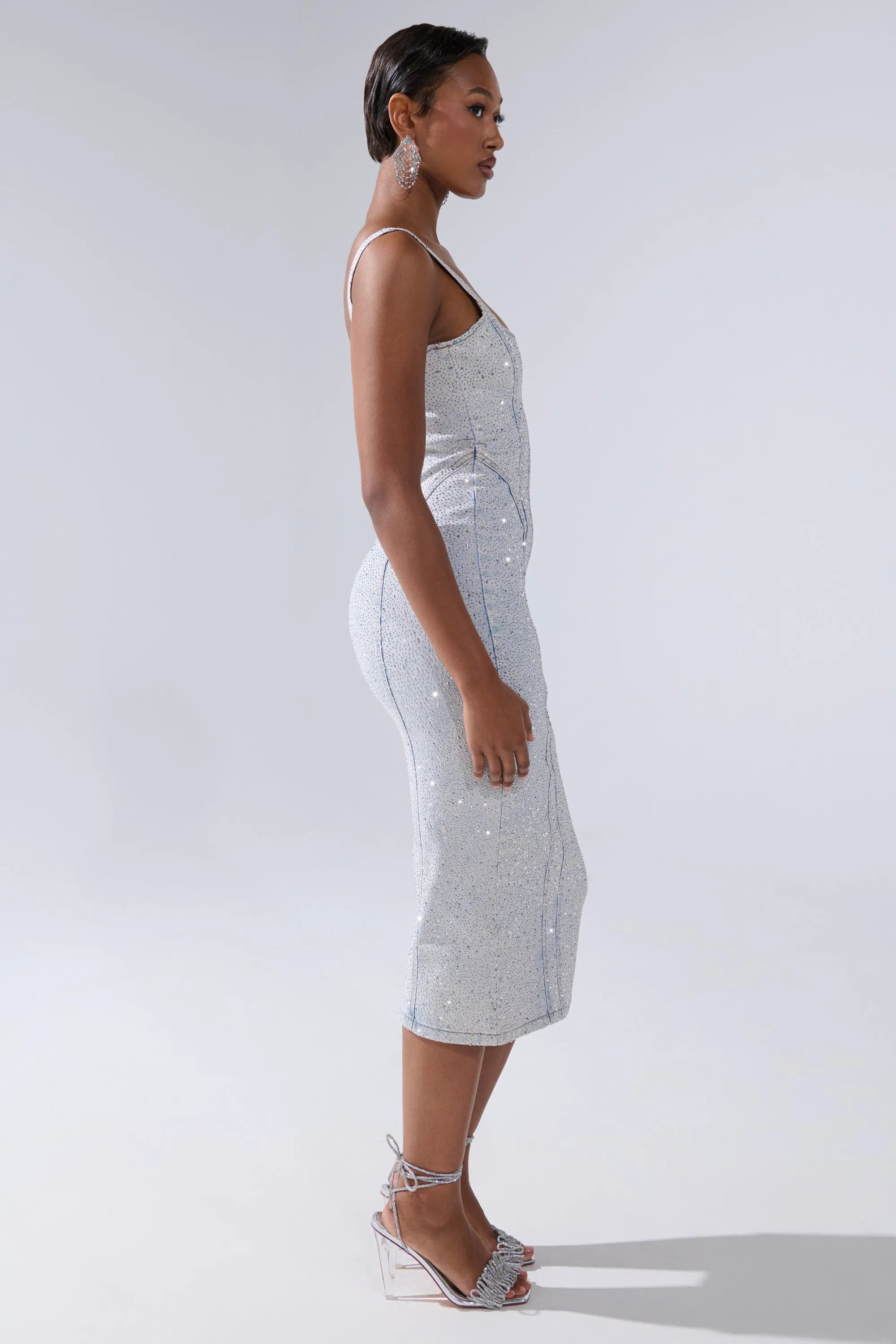 AFTER HOURS DENIM RHINESTONE MIDI DRESS sold by AKIRA product image thumbnail 4