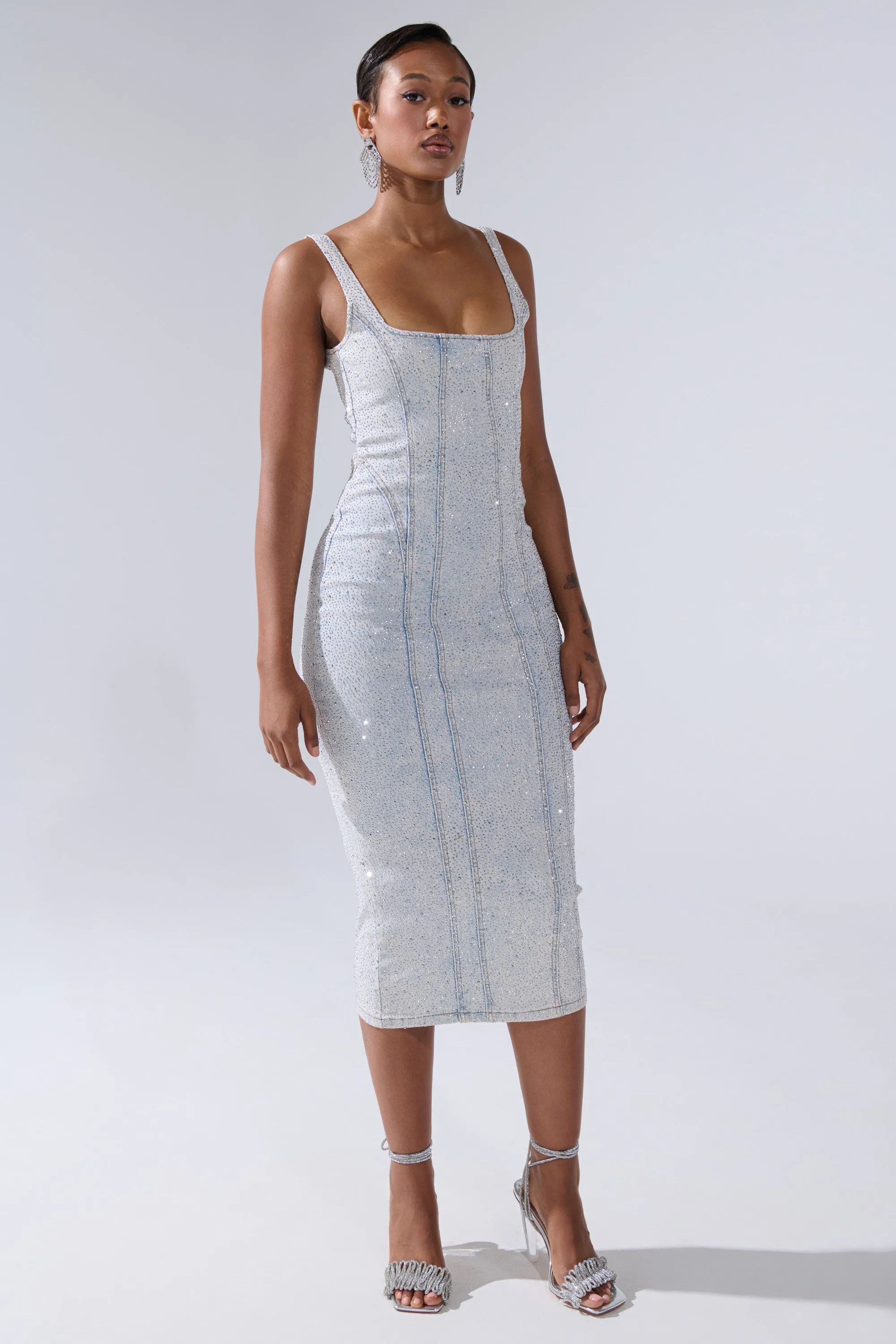 AFTER HOURS DENIM RHINESTONE MIDI DRESS sold by AKIRA product image thumbnail 3