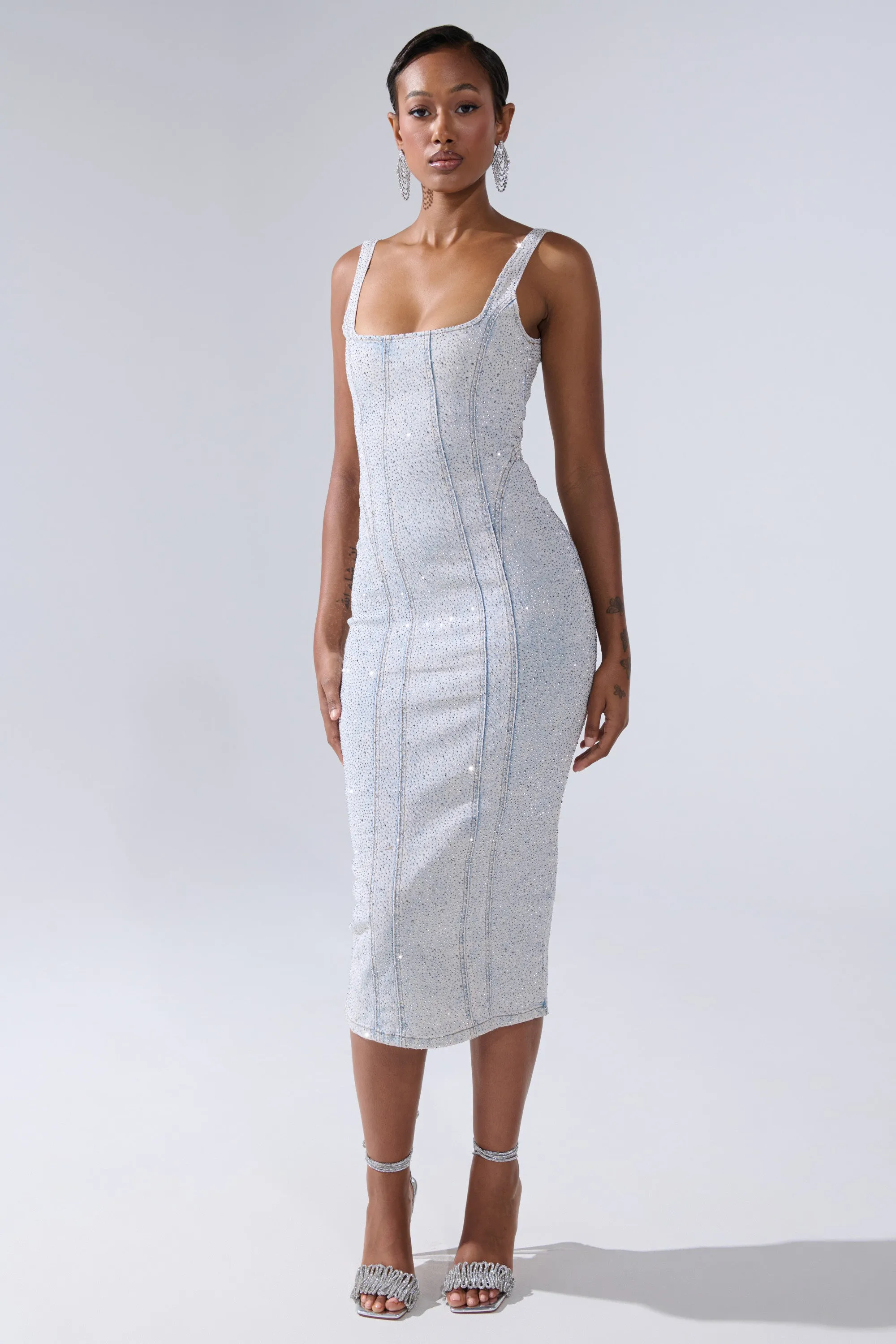 AFTER HOURS DENIM RHINESTONE MIDI DRESS sold by AKIRA product image thumbnail 2