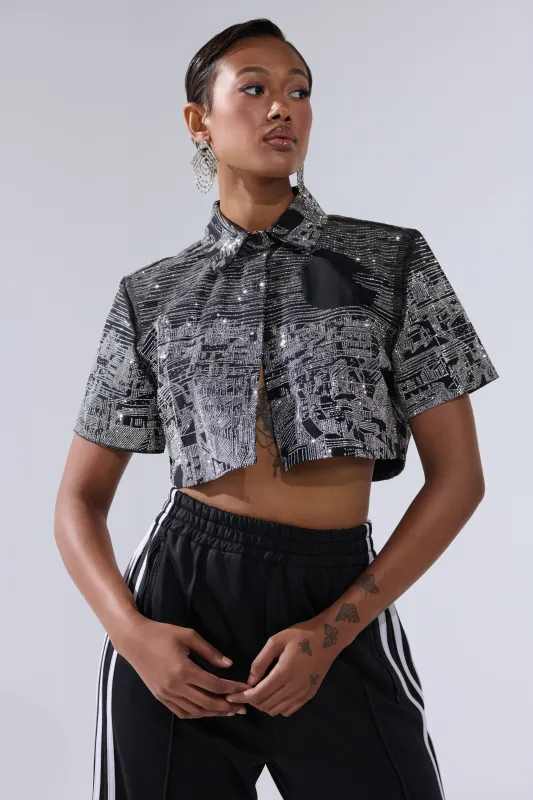 ALL AROUND THE WORLD BUTTON DOWN TOP IN BLACK sold by AKIRA