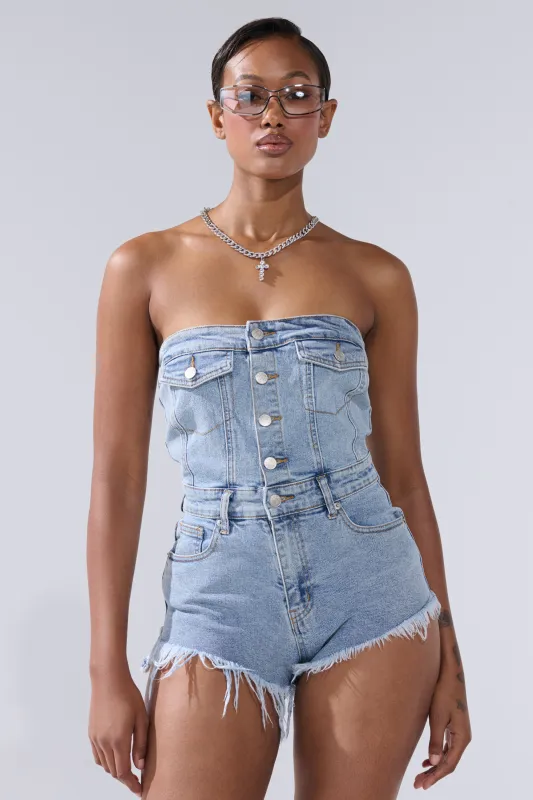 COOL IT COWBOY DENIM ROMPER sold by AKIRA