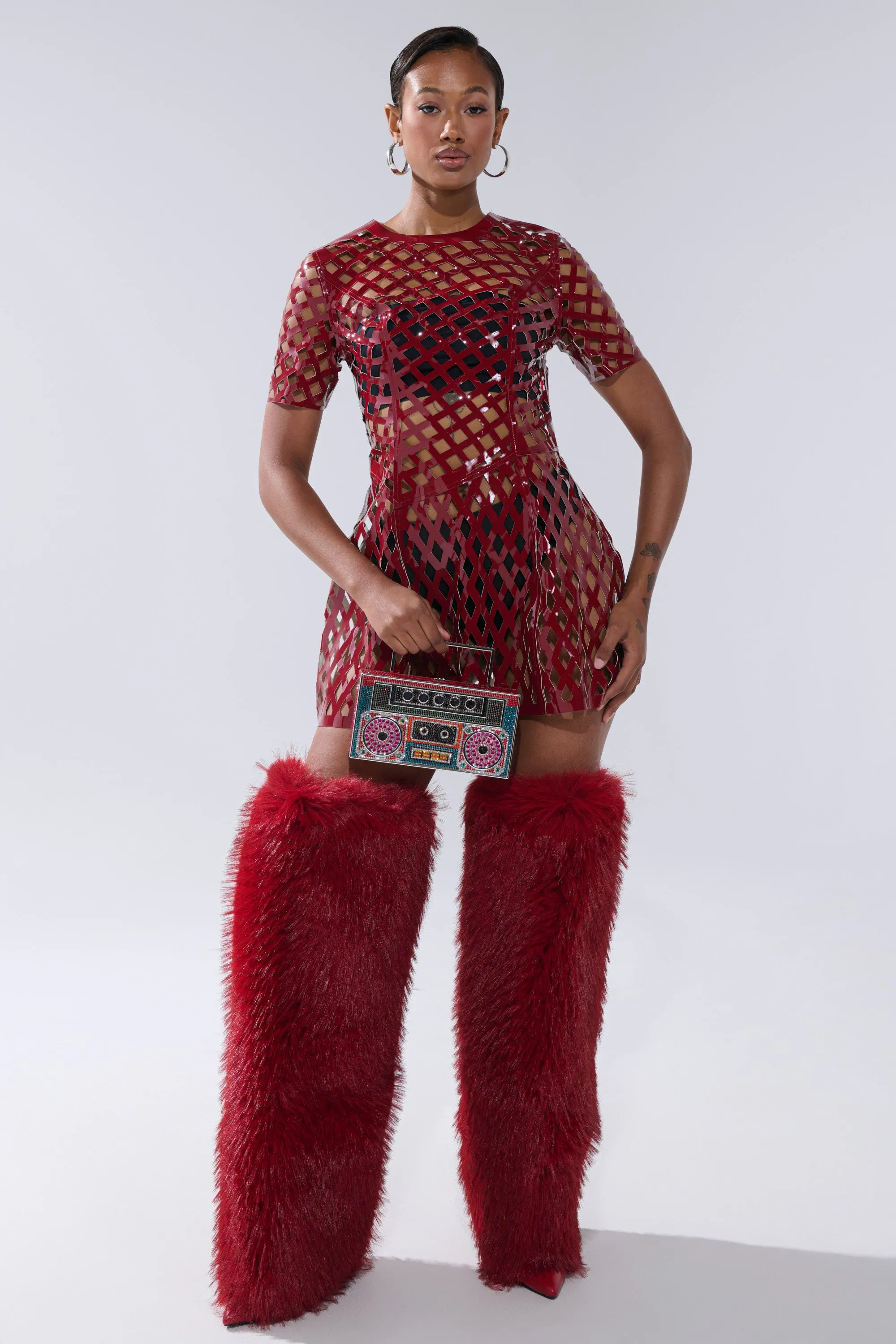 SHE'S DIFFERENT CUT OUT FAUX LEATHER MINI DRESS IN BURGUNDY sold by AKIRA product image thumbnail 5