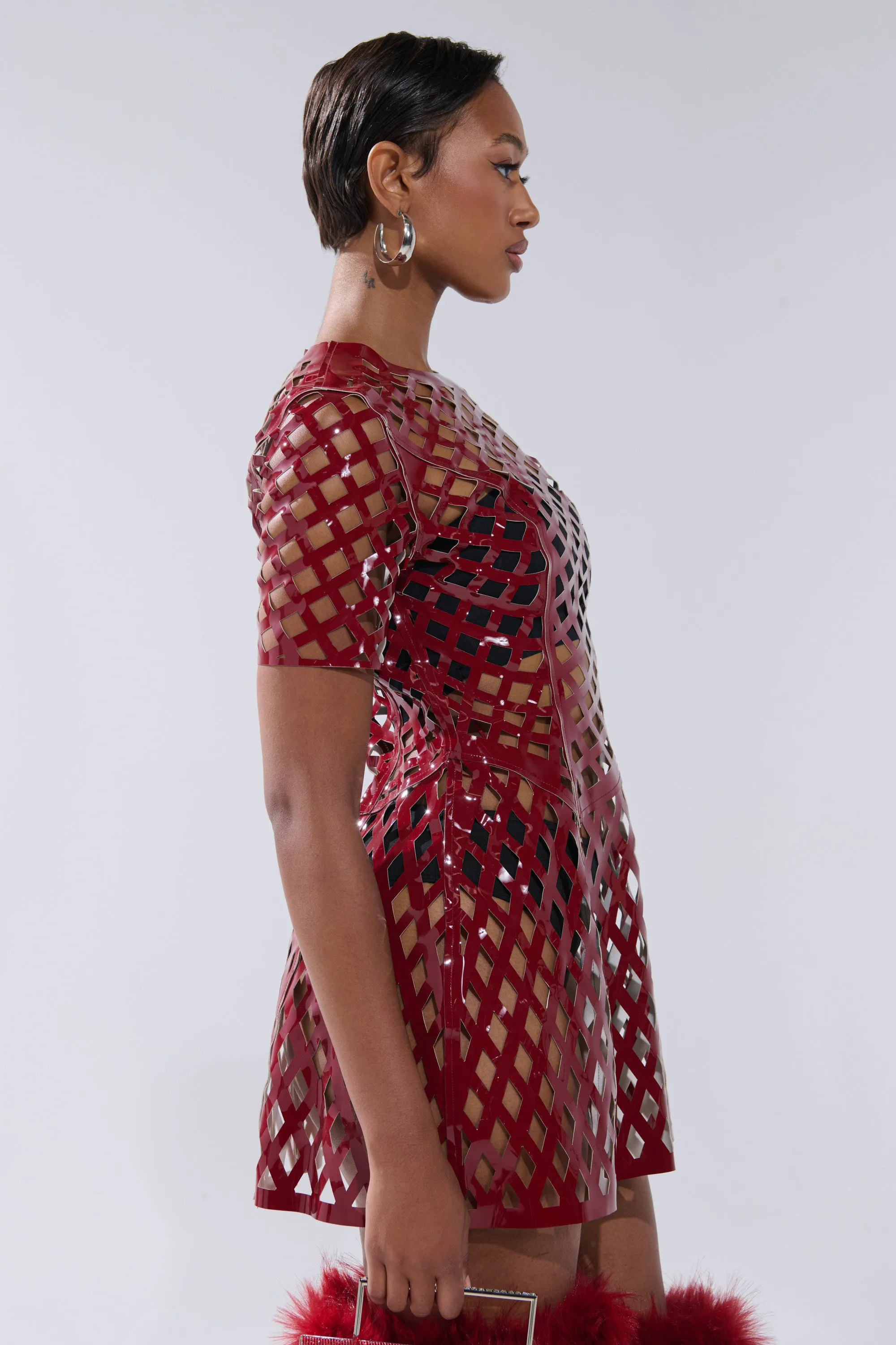 SHE'S DIFFERENT CUT OUT FAUX LEATHER MINI DRESS IN BURGUNDY sold by AKIRA product image thumbnail 3