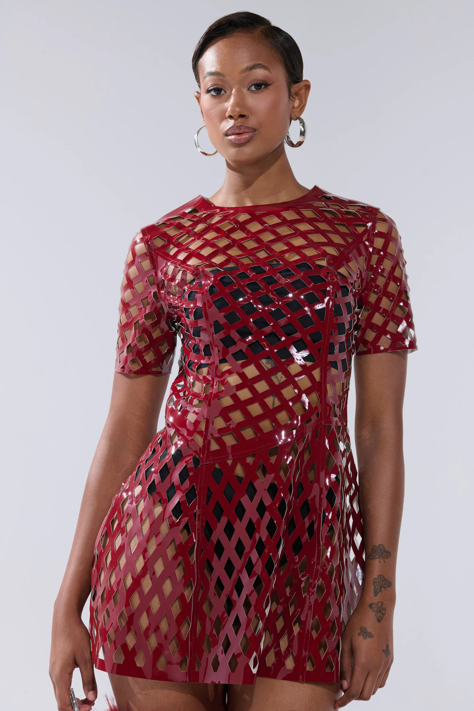 SHE'S DIFFERENT CUT OUT FAUX LEATHER MINI DRESS IN BURGUNDY sold by AKIRA product image thumbnail 2