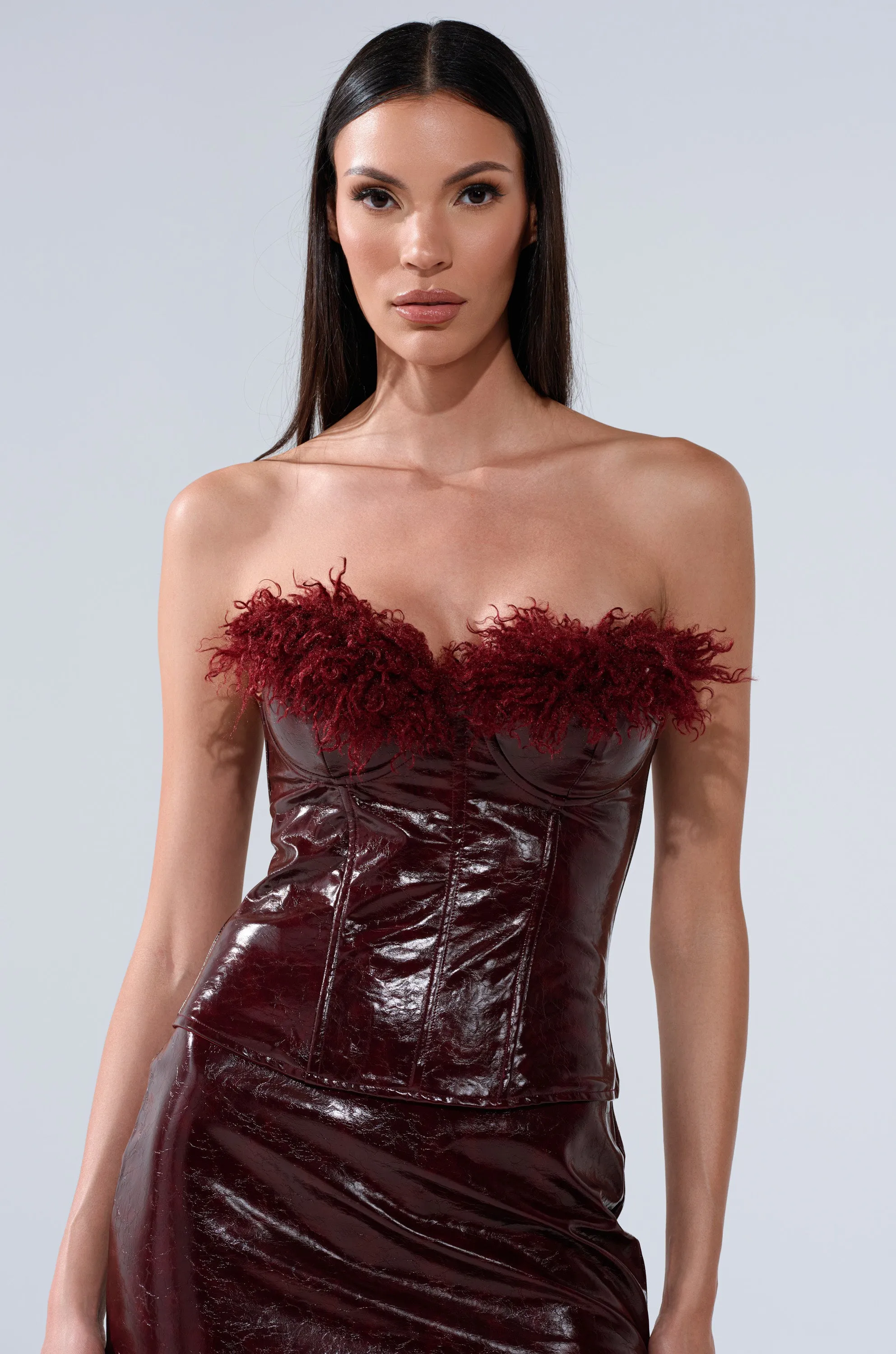 IM YOUR WEAKNESS FAUX LEATHER CORSET WITH FUR sold by AKIRA product image thumbnail 2