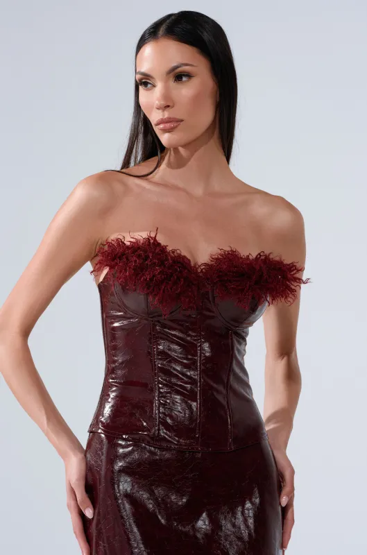 IM YOUR WEAKNESS FAUX LEATHER CORSET WITH FUR sold by AKIRA