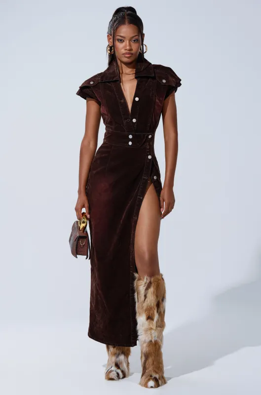 CHELSEA BUTTON DOWN MAXI DRESS IN VELVET DENIM sold by AKIRA