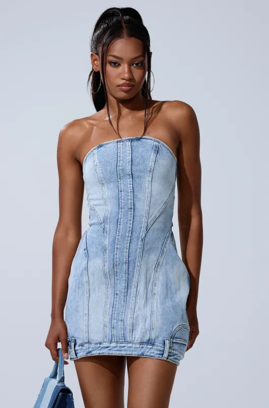 GET LIKE ME DENIM MINI DRESS sold by AKIRA