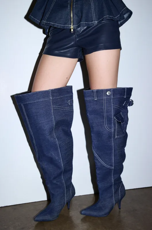 AZALEA WANG DUSTAN DENIM THIGH STILETTO BOOT sold by AKIRA
