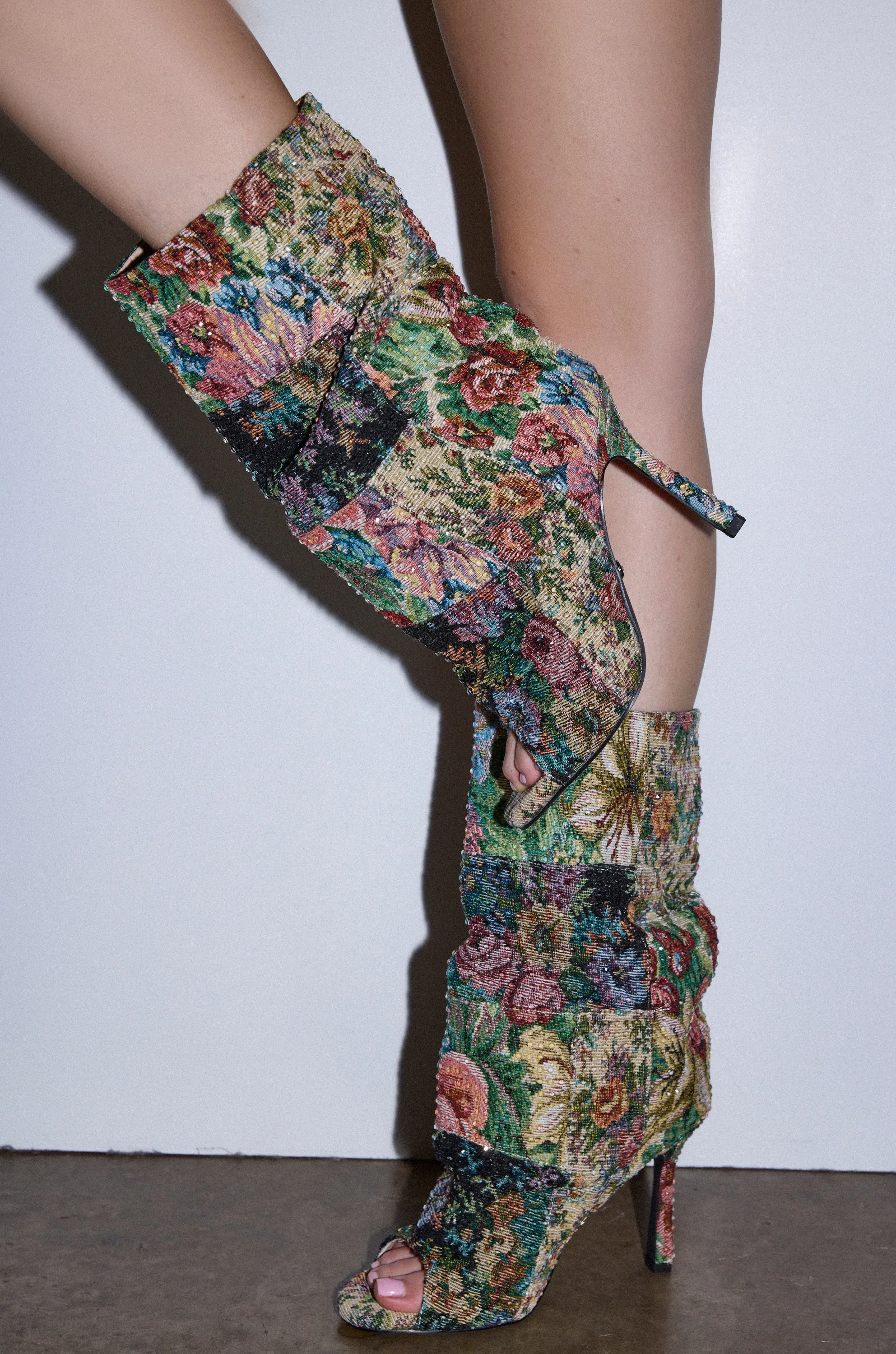 AZALEA WANG JONICE FLORAL RHINESTONE EMBELLISHED OPEN TOE BOOTIE sold by AKIRA