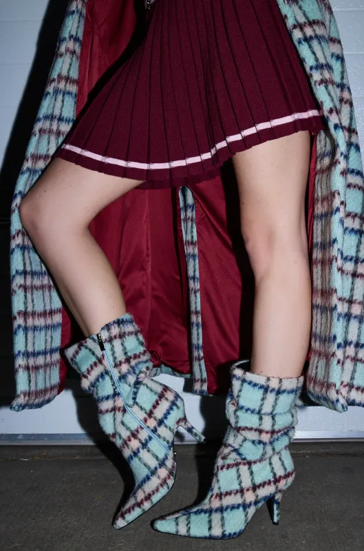 AZALEA WANG SANJIV BLUE MULTI PLAID STILETTO BOOTIE sold by AKIRA