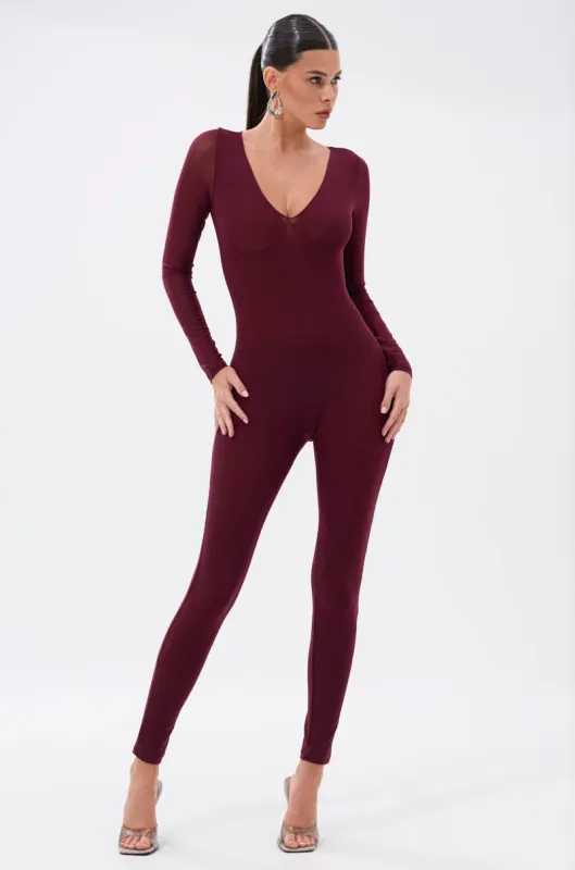 KEEPIN IT SIMPLE MESH JUMPSUIT IN BURGUNDY sold by AKIRA