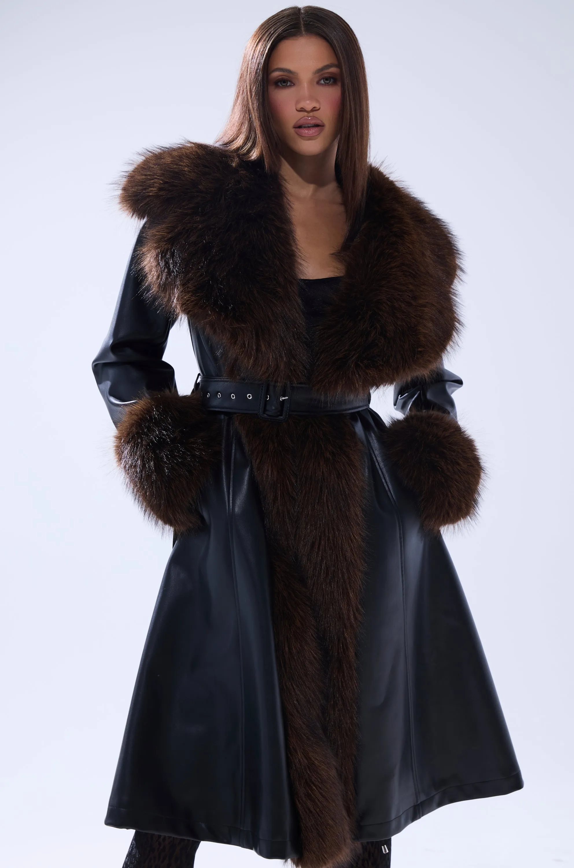 MAIN SQUEEZE FUR TRIM TRENCH sold by AKIRA