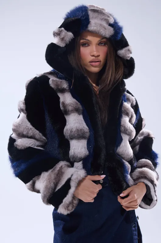 SUPERNOVA PANELED FAUX FUR IN BLUE MULTI sold by AKIRA