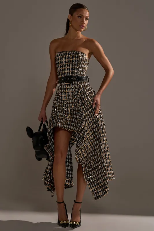PURE ROYALTY BROCADE HIGH LOW TWEED DRESS WITH SEQUINS made by AKIRA