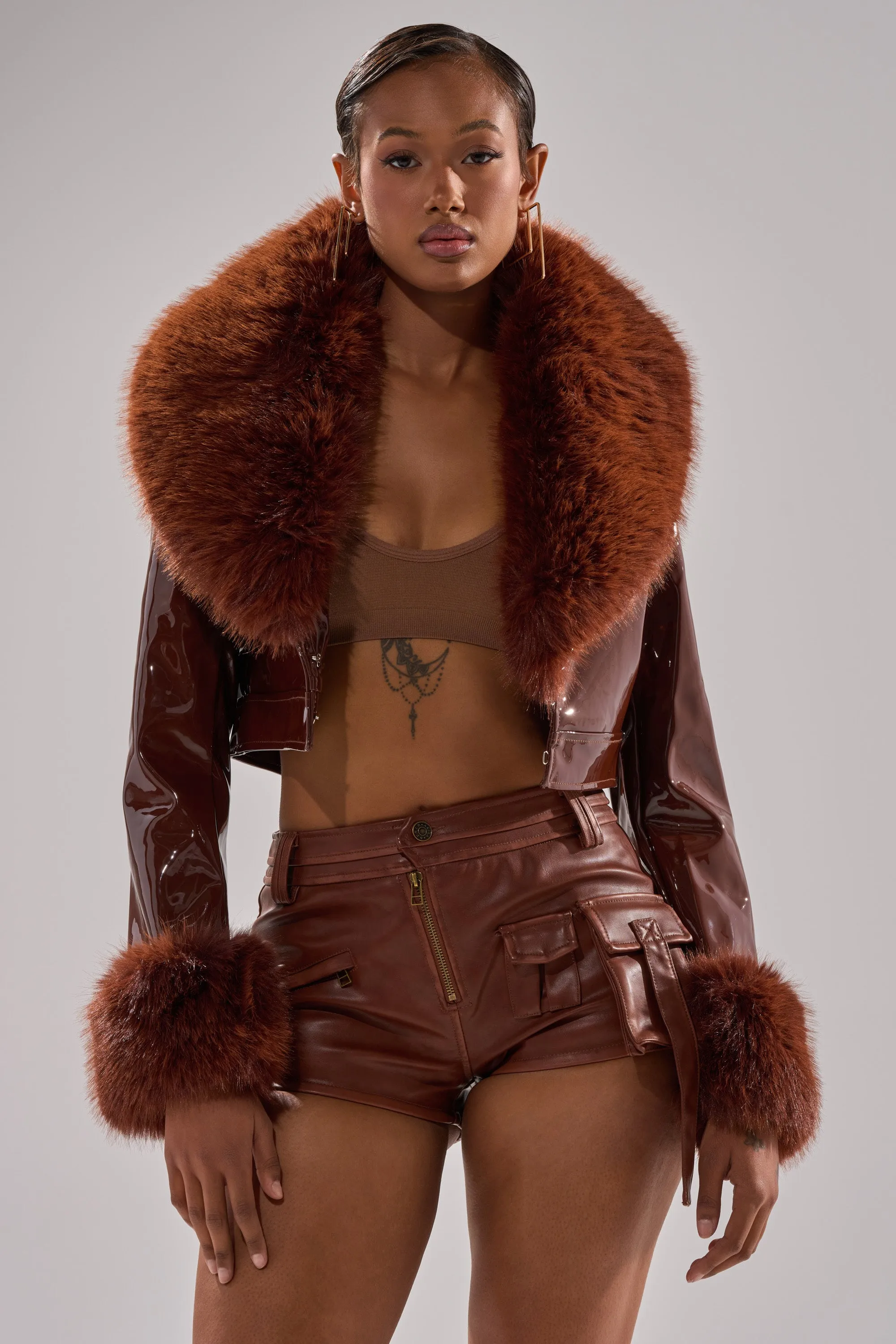 GISELE FUR TRIM MOTO IN PATENT sold by AKIRA product image thumbnail 3