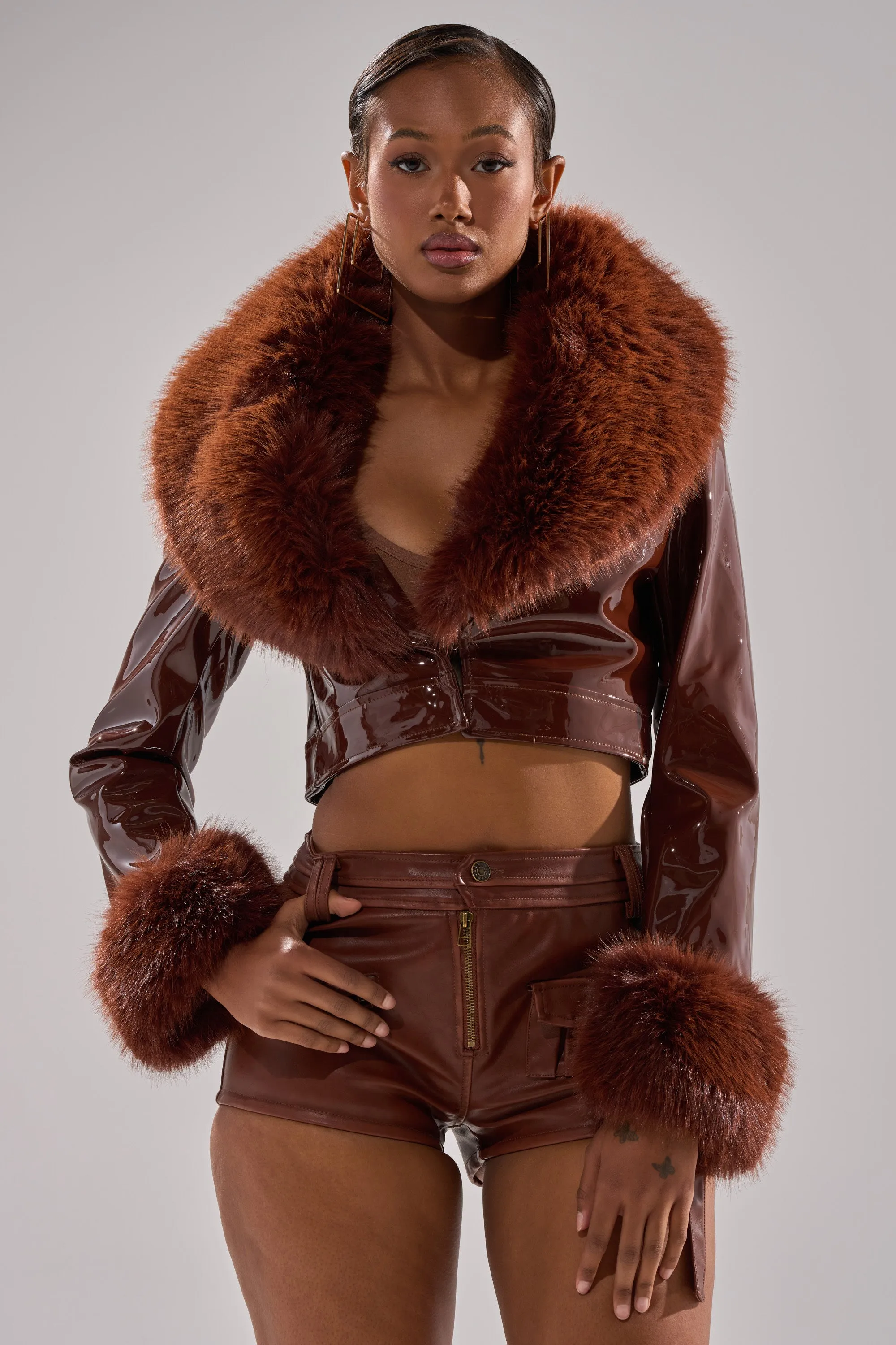 GISELE FUR TRIM MOTO IN PATENT sold by AKIRA product image thumbnail 2