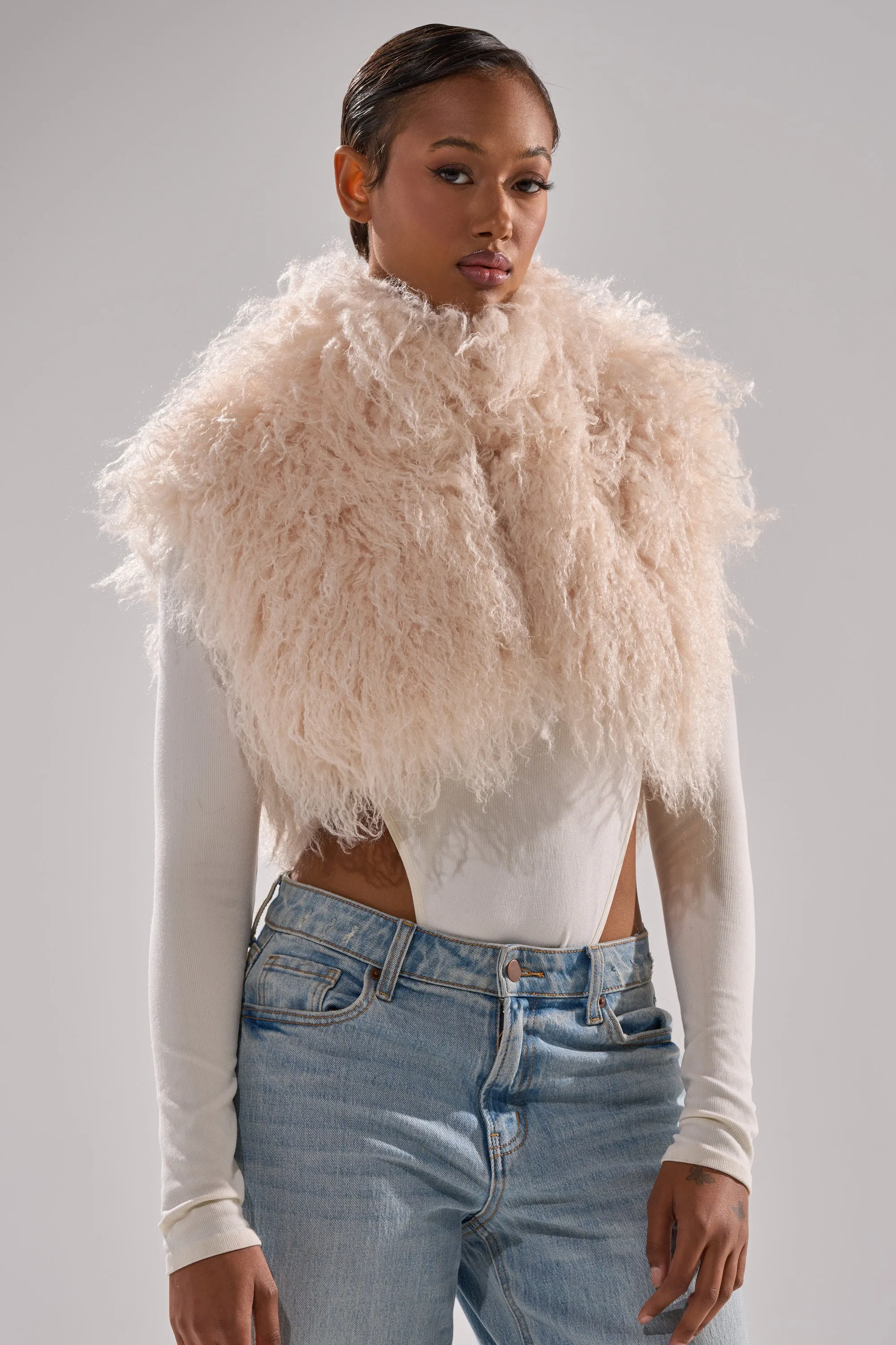 COCO CROPPED FUR VEST IN BEIGE sold by AKIRA