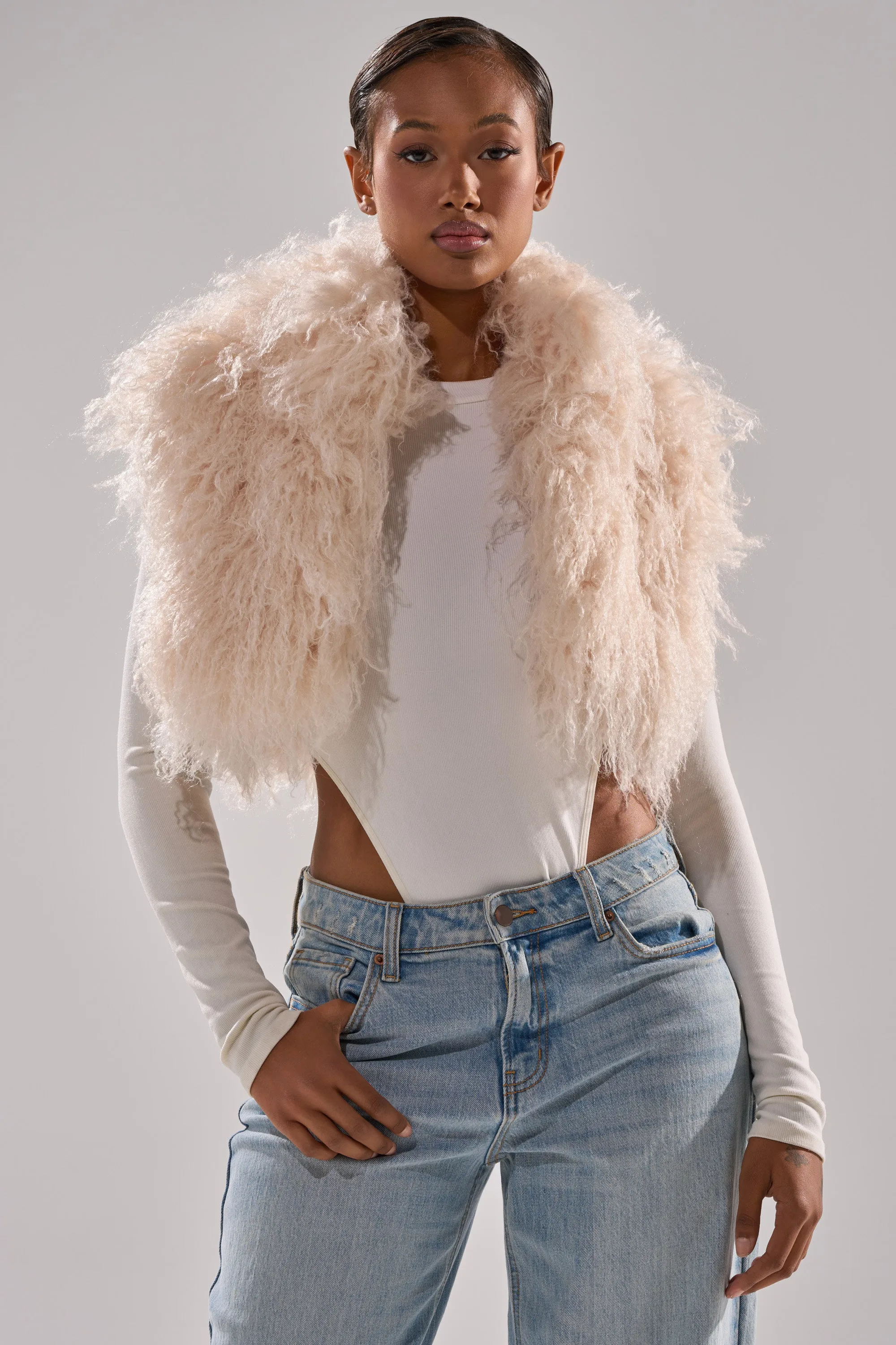 COCO CROPPED FUR VEST IN BEIGE sold by AKIRA product image thumbnail 2