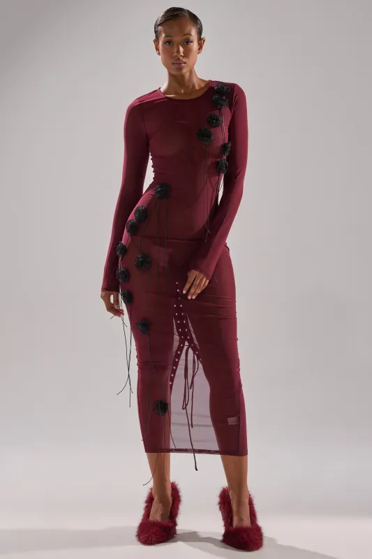 OBVIOUSLY MESH MIDI DRESS IN BURGUNDY sold by AKIRA