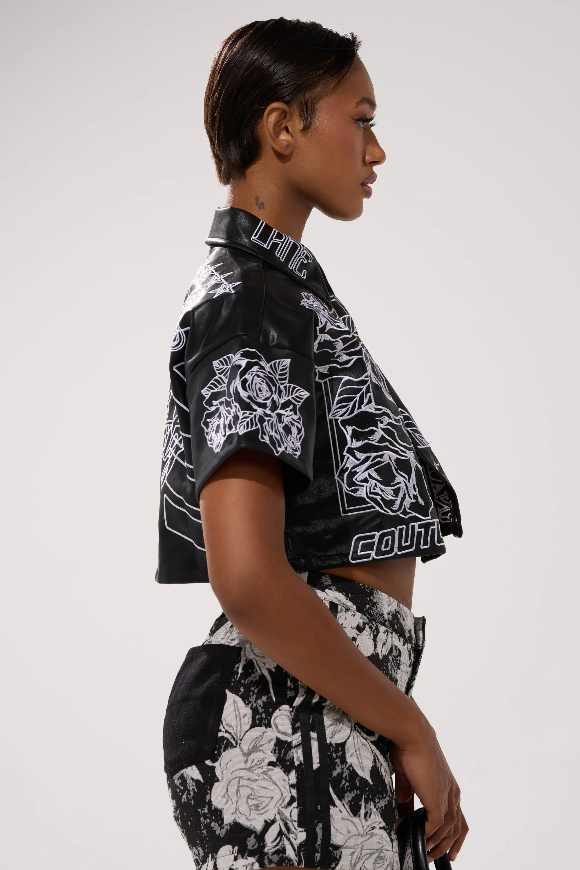 MAKE IT OFFICIAL FAUX LEATHER BUTTON DOWN IN BLACK sold by AKIRA product image thumbnail 3