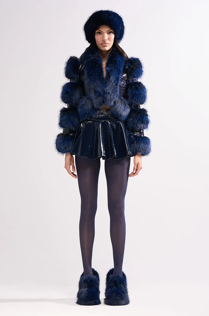 LOVERBOY FUR TRIM MOTO IN NAVY CROC sold by AKIRA