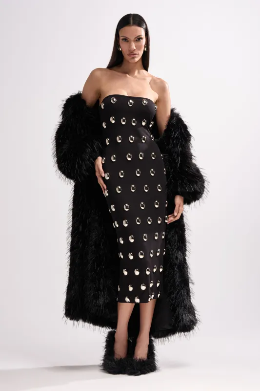 TIME AFTER TIME MIDI DRESS WITH METAL DETAILING sold by AKIRA