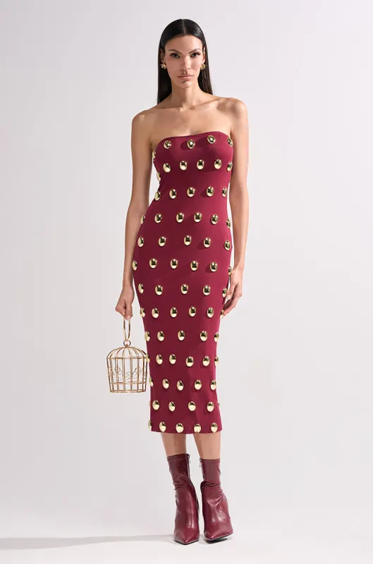 TIME AFTER TIME MIDI DRESS WITH METAL DETAILING IN BURGUNDY sold by AKIRA