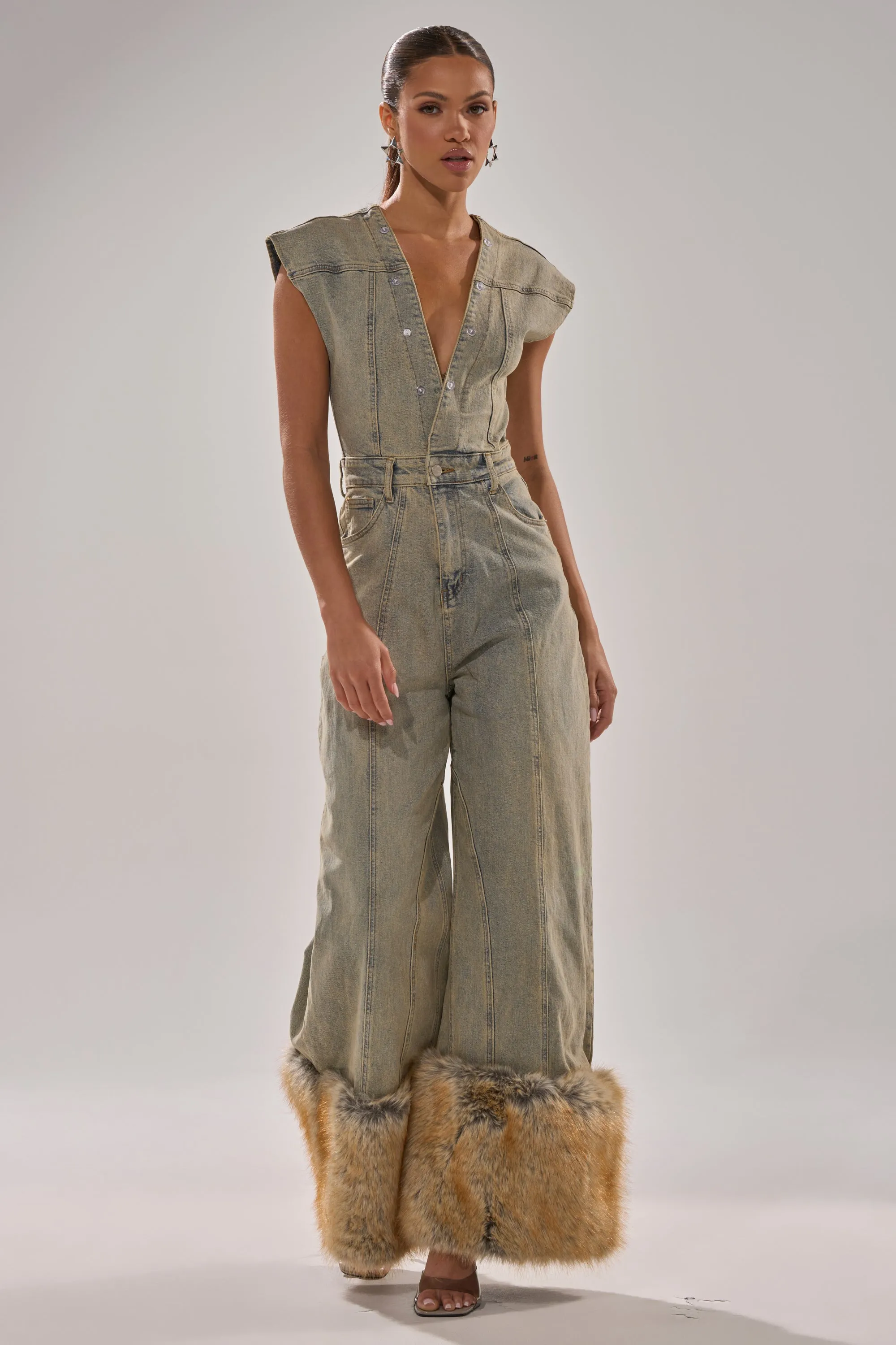 TALK THAT TALK DENIM FUR JUMPSUIT IN VINTAGE BLUE sold by AKIRA product image thumbnail 2