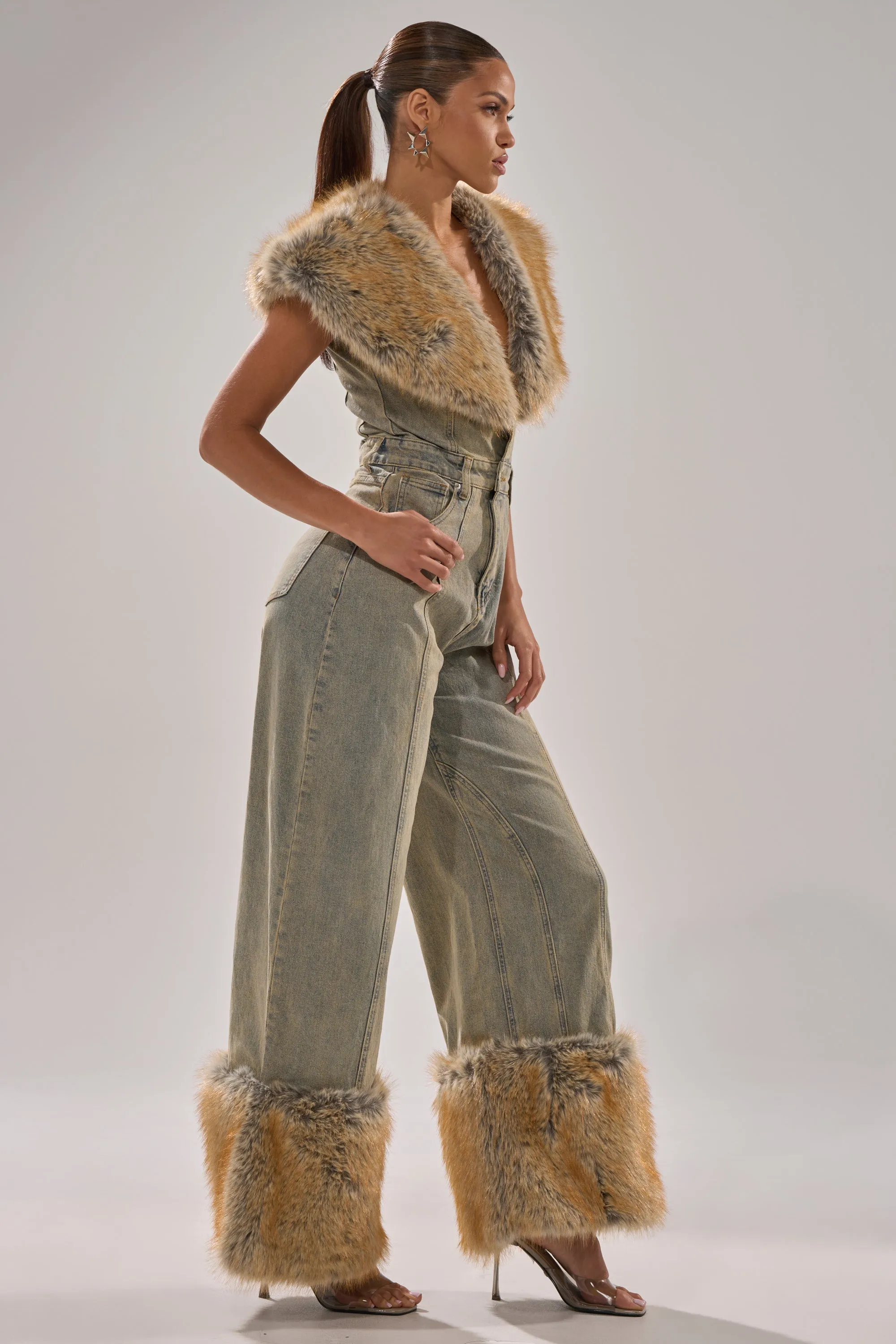 TALK THAT TALK DENIM FUR JUMPSUIT IN VINTAGE BLUE sold by AKIRA product image thumbnail 5