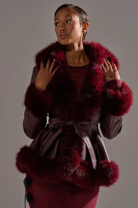 KENZY FUR TRIM MOTO IN BURGUNDY sold by AKIRA