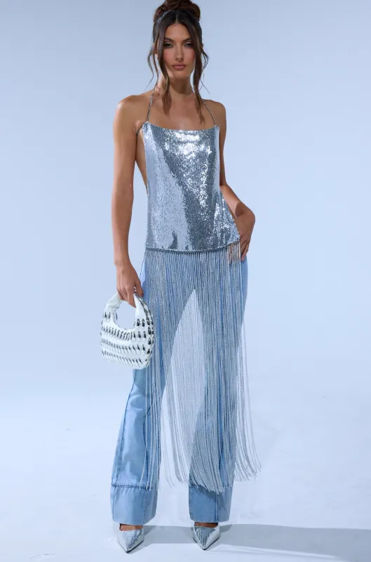 ONLY THINK ABOUT YOU SILVER RHINESTONE FRINGE TOP sold by AKIRA
