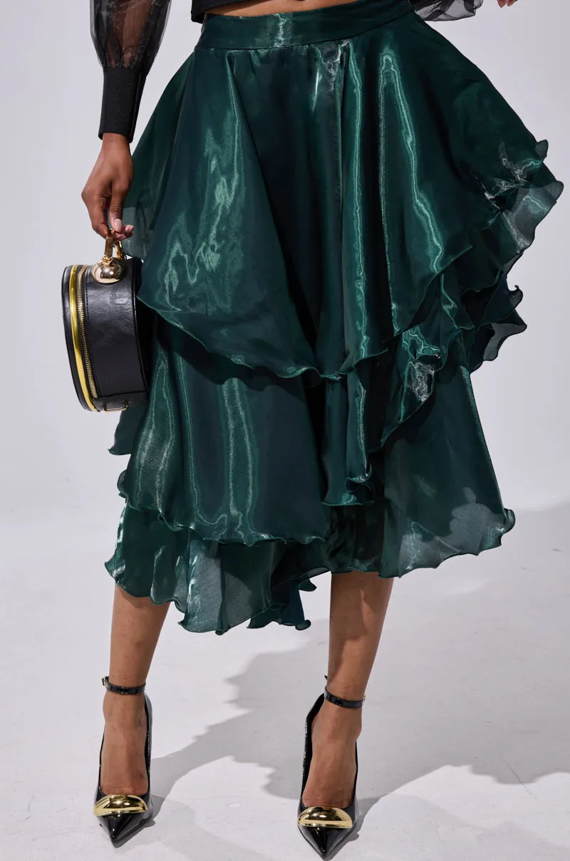 LUXE LIFE SATIN MIDI SKIRT sold by AKIRA