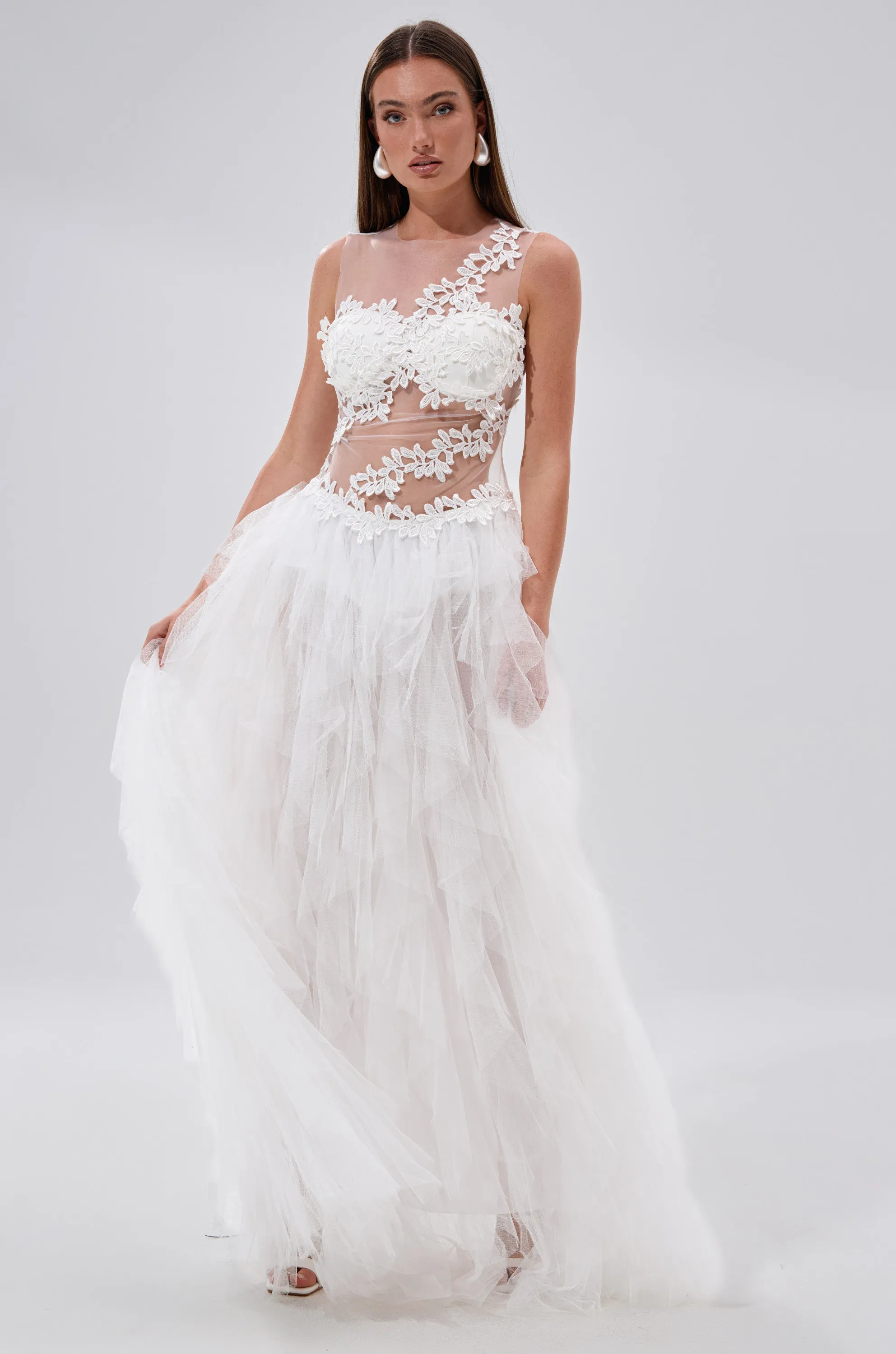 FELT CUTE RUFFLE MAXI DRESS WITH FLORAL APPLIQUES sold by AKIRA product image thumbnail 2